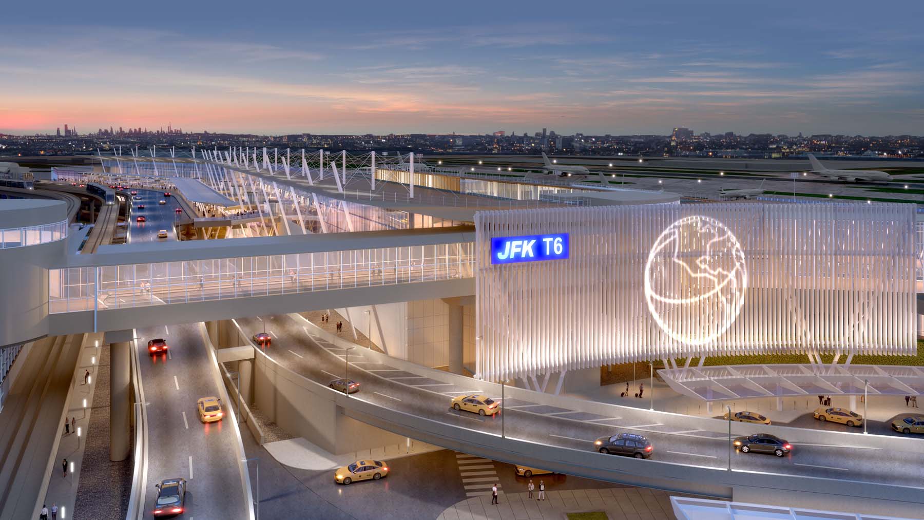 The entrance to the JFK terminal from outside and overhead.