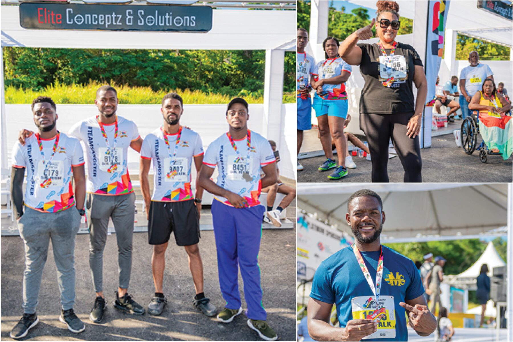 Participants at a race event pose with medals and bibs, including a group of four men, a woman in athletic wear, a couple in a wheelchair, and a man in a blue t-shirt holding a medal.