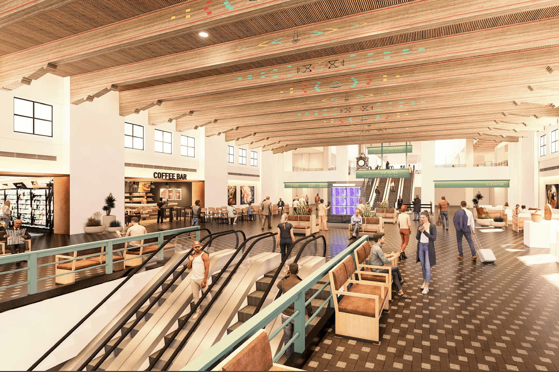 Spacious, modern lobby with escalators, seating areas, coffee bar, and people walking. Bright lighting and wooden ceiling accents.