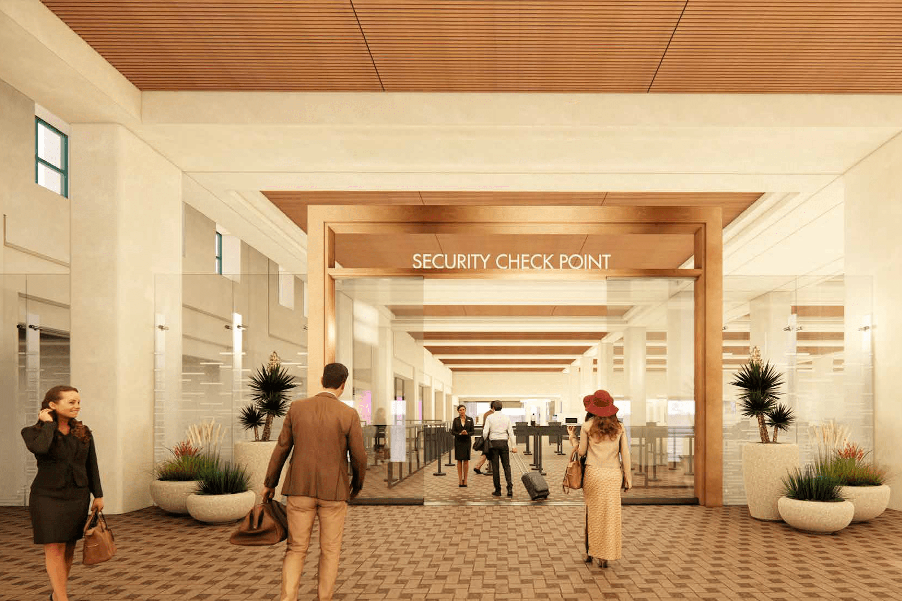 People walk toward an airport security checkpoint. The area has large potted plants and wooden accents on the ceiling.