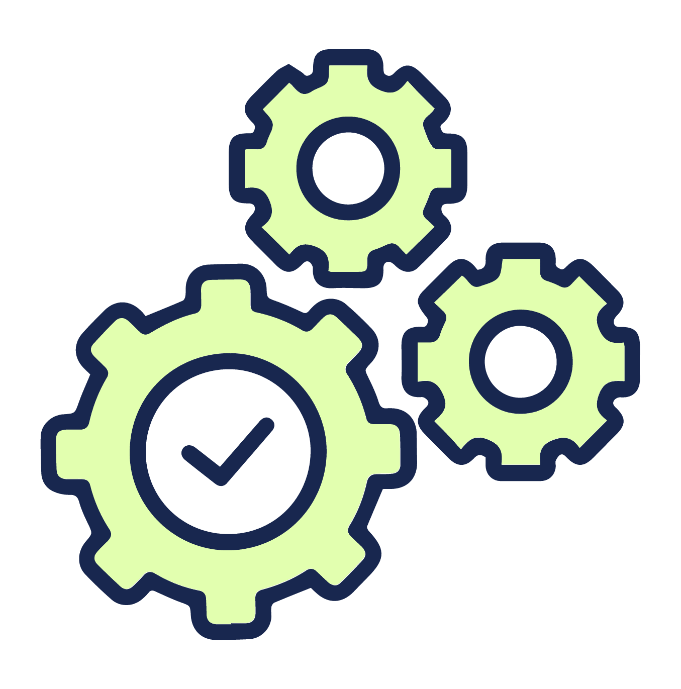Three interlocking gears with a check mark inside the largest gear, symbolizing efficiency or process completion.