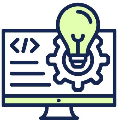 A monitor displaying code brackets with a cog and a glowing light bulb symbolizing innovative software development.