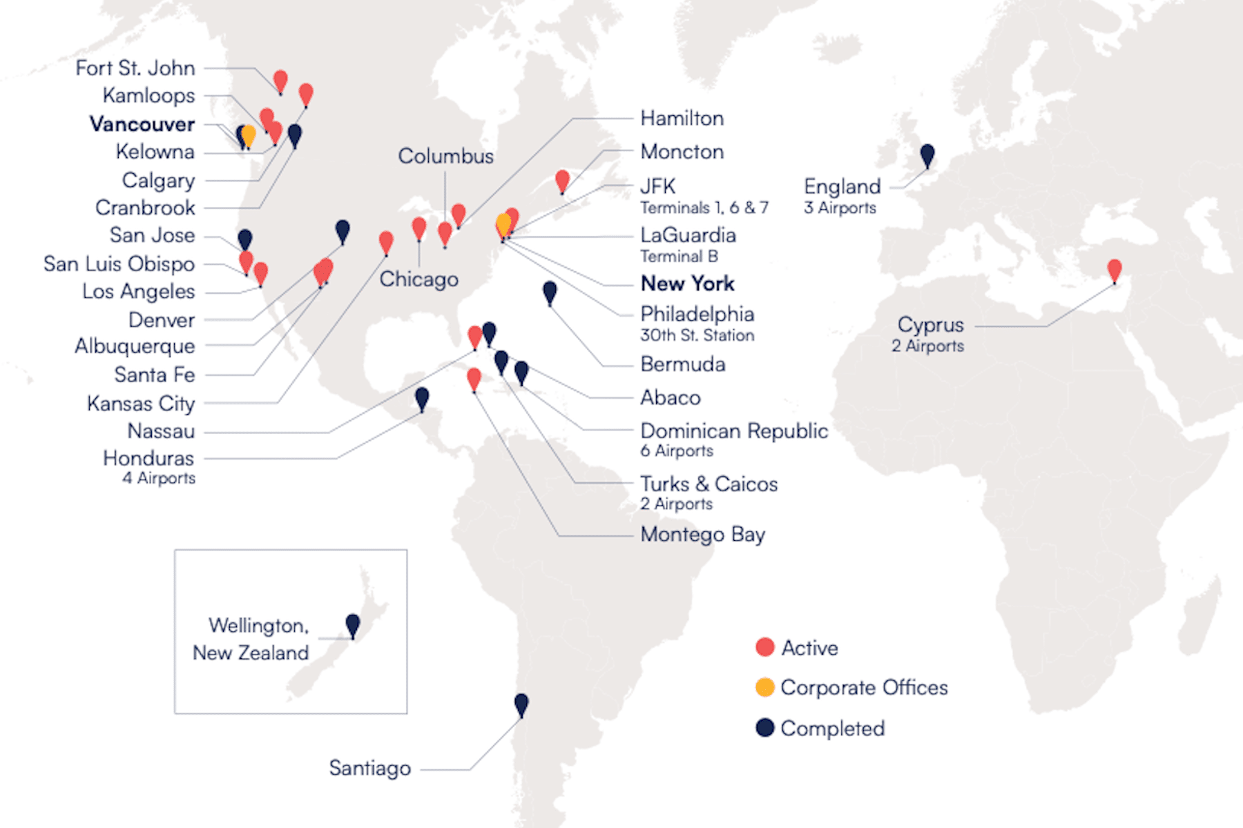 World map showing locations with pins on cities. Red pins indicate active sites; yellow pins show corporate offices; and blue pins show completed sites.