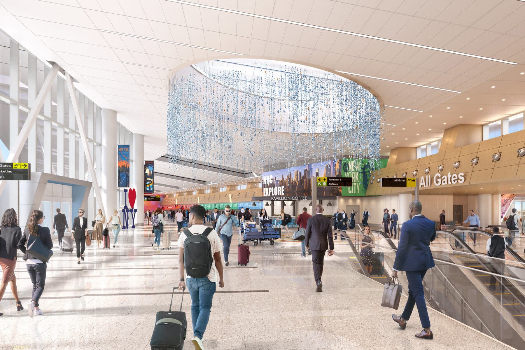 rendering of JFK T6 departure hall with suspended artwork