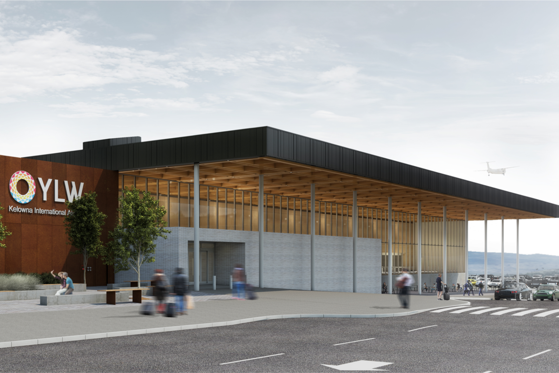 Exterior rendering of Kelowna International Airport’s expanded terminal, showing a modern canopy entrance, YLW signage, passengers arriving with luggage, and an aircraft in the sky.