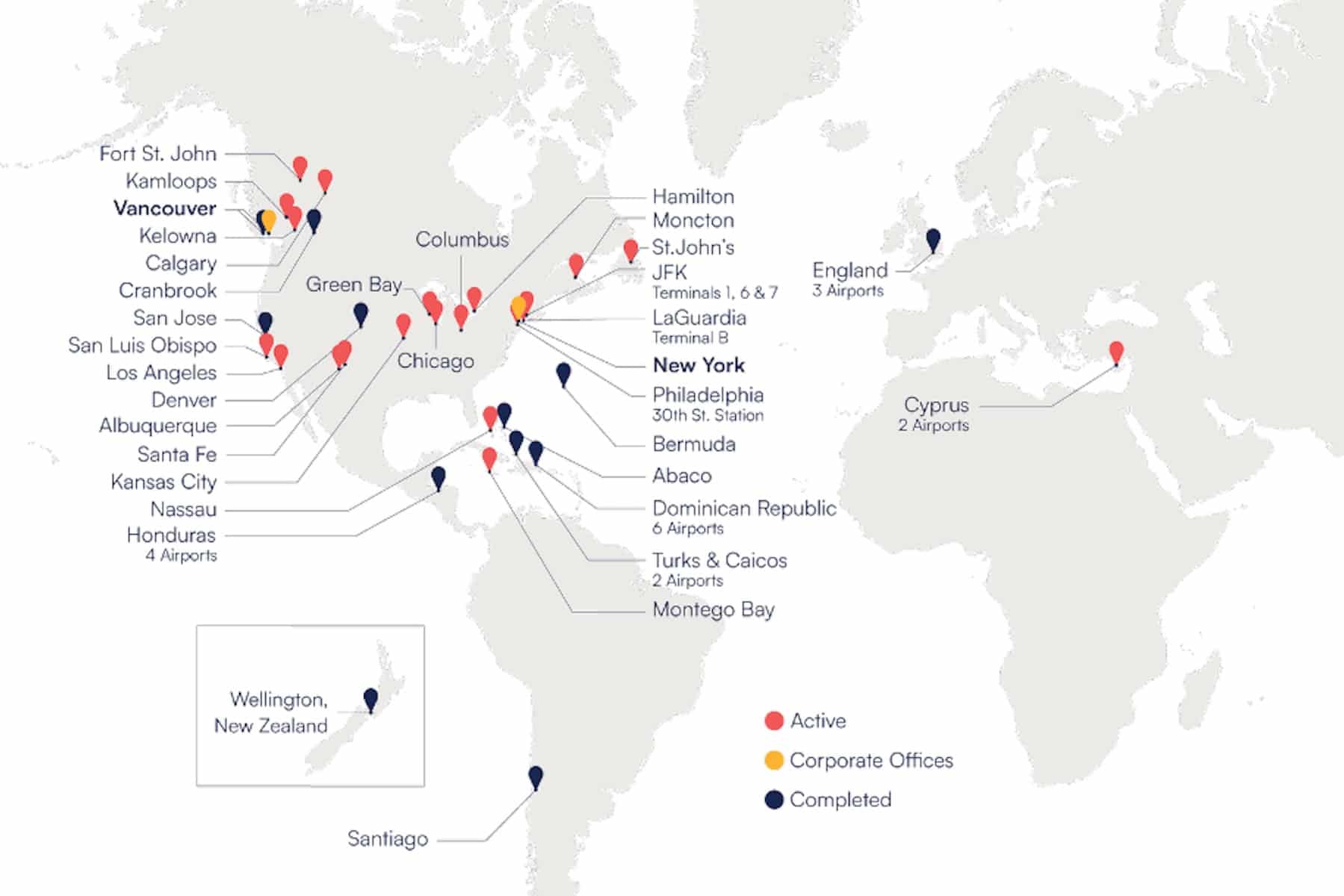 Map of Vantage Network with white background with airports indicated by pins for active, corporate offices, and completed project locations.