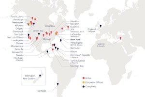 Map of Vantage Network with white background with airports indicated by pins for active, corporate offices, and completed project locations.