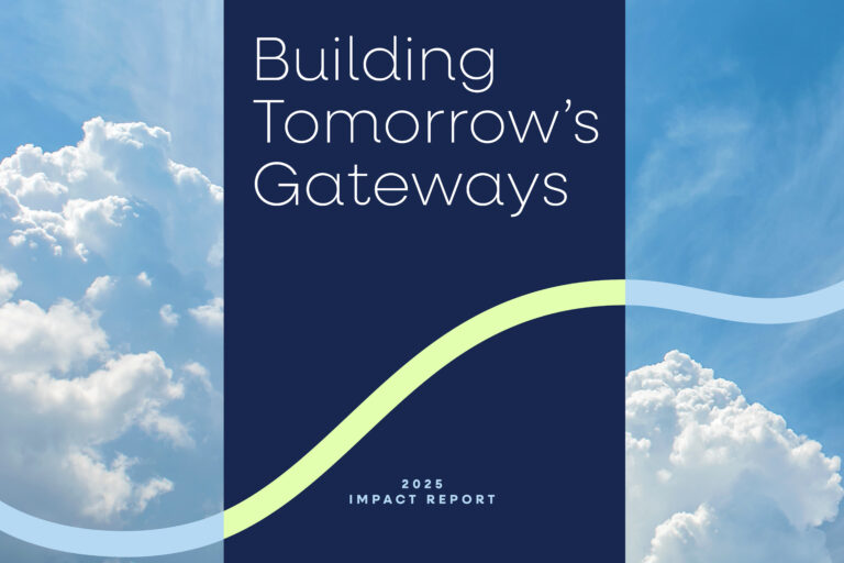 Cover of Vantage Group 2025 Impact Report with sky background and brand elements, title Building Tomorrow's Gateways